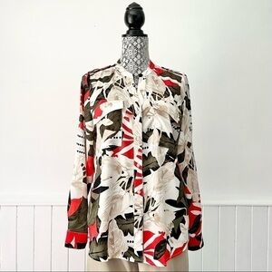 Calvin Klein Tropical Print Round Split Neck Roll Tab Long Sleeve Blouse Size M